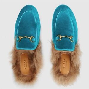 Gucci Princetown Fur Mules Color Teal Velvet Horsebit Slides Womens Size 36.5